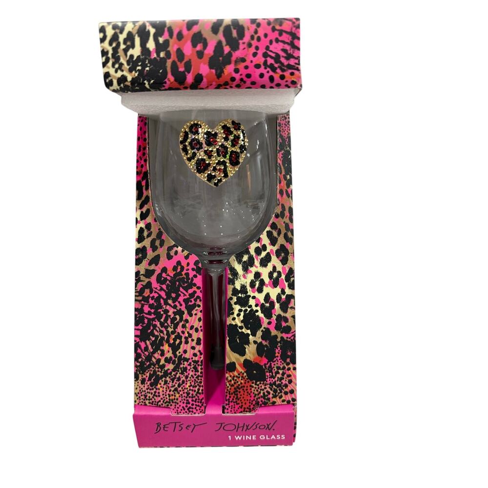 NWT Betsey Johnson Leopard Print Wine Glass Set of 2 - Pink & Black Animal Print - Picture 5 of 12